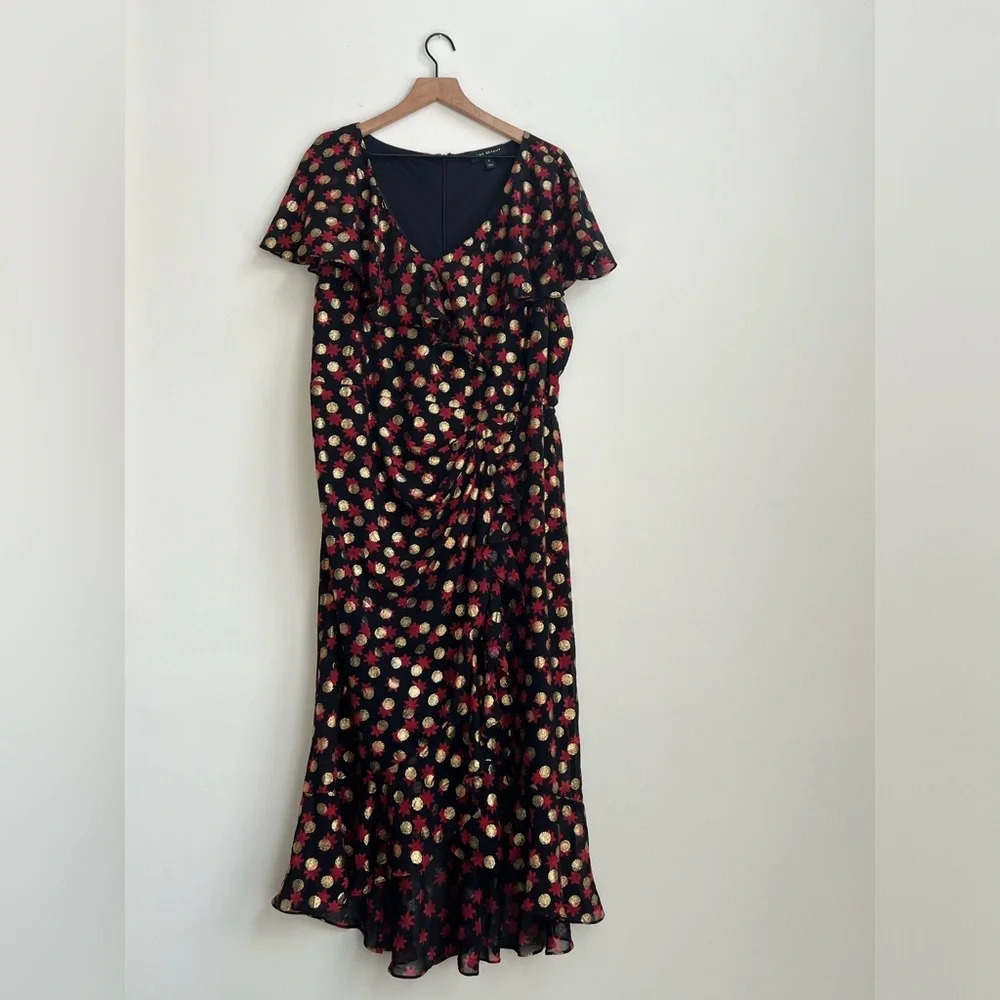 Lane Bryant 18 Surplice Frilly Ruffled Fitted Midi Dress Haley Floral Gold Dot - Picture 4 of 14
